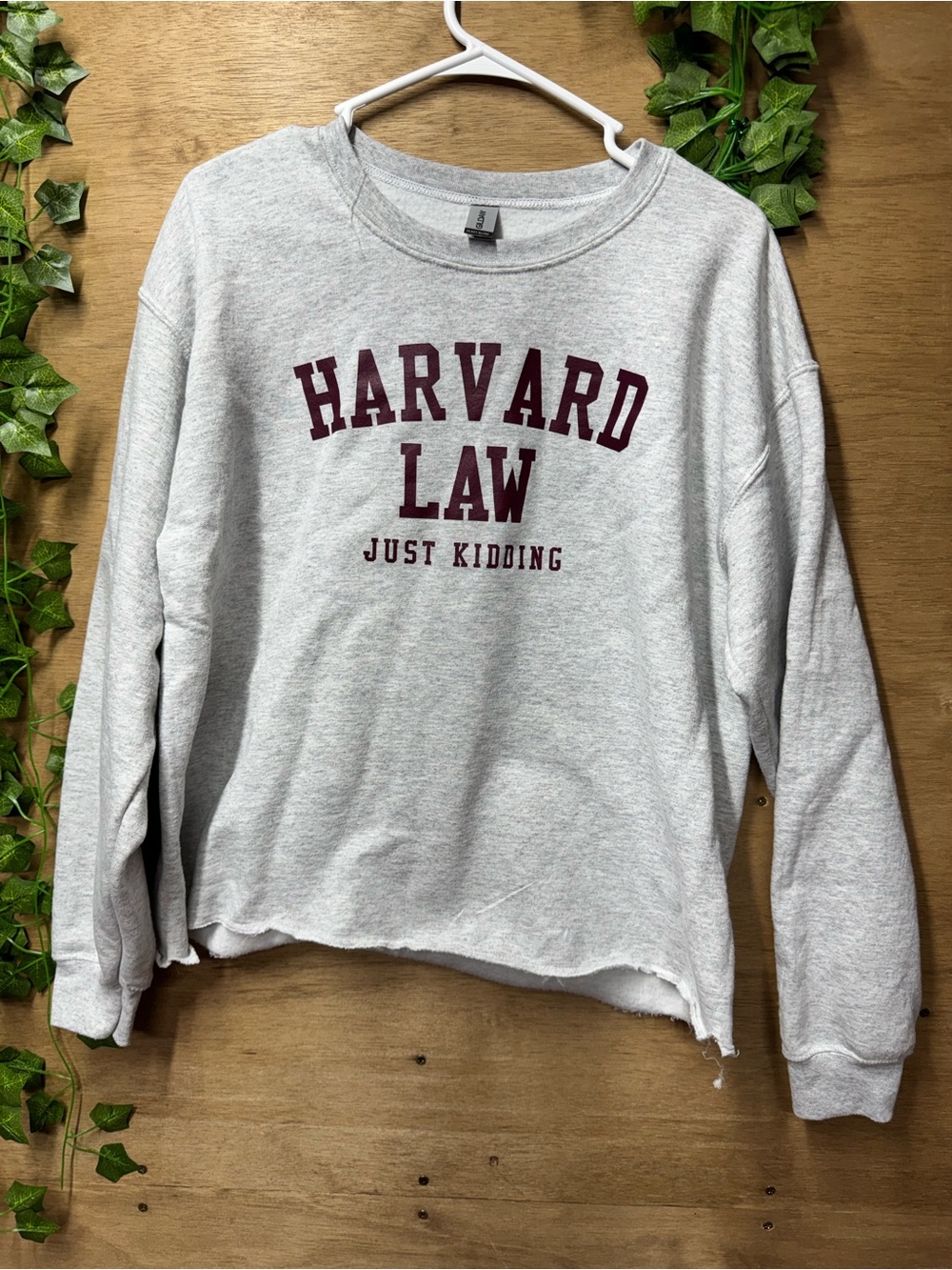 Gildan Light Heather Gray Crewneck Sweatshirt “Harvard Law Just Kidding”